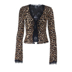 Leopard print lace hem v neck long sleeve self tie top  | Festival Outfits Women  | Cheetah Print Top
