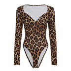 V neck long sleeve leopard print bodysuit  | Festival Outfits Women