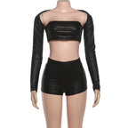 Long sleeve PU leather medium rise pant set  | Festival Outfits Women