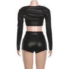 Long sleeve PU leather medium rise pant set  | Festival Outfits Women