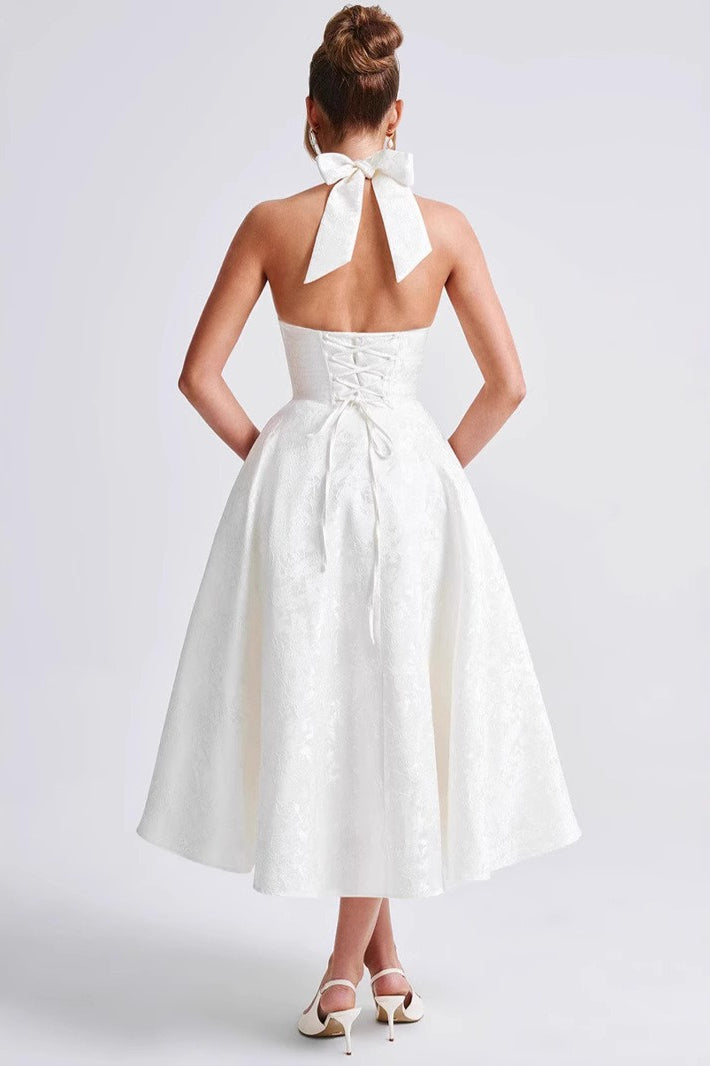 Jacquard Halter Neck Deep V-Neck Bustier Pleated A-Line Midi Dress