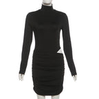 Ruched high neck long sleeve button mini dress  | Festival Outfits Women