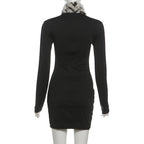 High neck fluffy long sleeve zip-up mini dress  | Festival Outfits Women