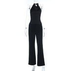 Halter backless solid button pant set  | Festival Outfits Women