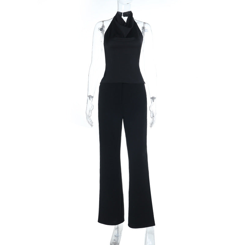 Halter backless solid button pant set  | Festival Outfits Women