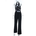 Halter backless solid button pant set  | Festival Outfits Women