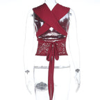 V neck lace patchwork self tie solid top  | Festival Outfits Women