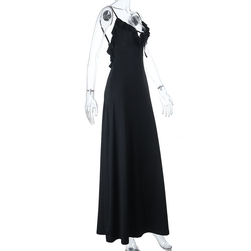 Self tie ruffle v neck backless cami maxi dress  | Festival Outfits Women