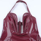 Notch neck PU leather zip-up halter mini dress  | Festival Outfits Women