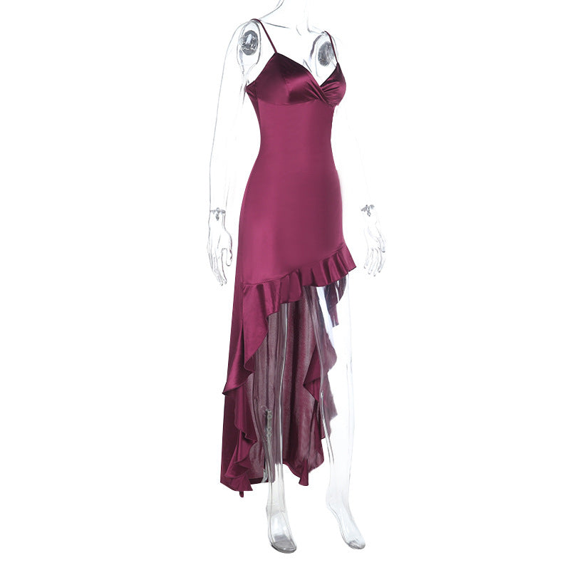 Irregular ruffle v neck satin cami midi dress  | Festival Outfits Women