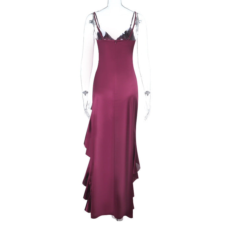 Irregular ruffle v neck satin cami midi dress  | Festival Outfits Women