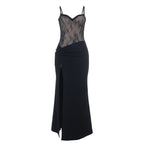 Lace hem v neck ruched slit cami maxi dress  | Festival Outfits Women