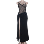 Lace hem v neck ruched slit cami maxi dress  | Festival Outfits Women