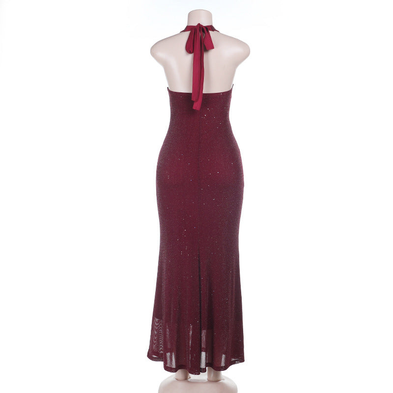 Self tie halter deep v neck backless maxi dress  | Festival Outfits Women