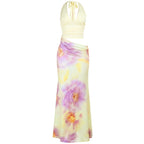 Hollow out v neck self tie halter flower print cut out maxi dress  | Festival Outfits Women