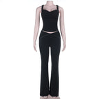V neck lace hem low rise backless cami pant set  | Festival Outfits Women