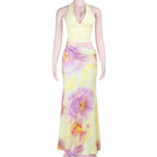 Hollow out v neck self tie halter flower print cut out maxi dress  | Festival Outfits Women
