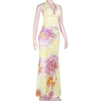 Hollow out v neck self tie halter flower print cut out maxi dress  | Festival Outfits Women