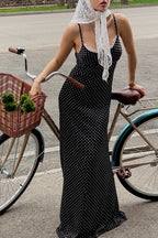 Polka Dot Lace Trim Scoop Neck Spaghetti Strap Bodycon Maxi Dress