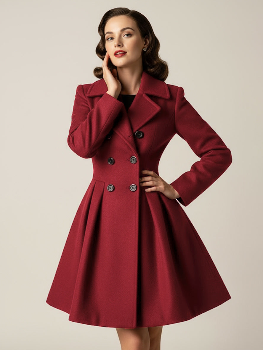 Retro Red 1950s Double-Breasted A-line Woolen Coat For Women 2026