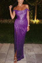 Off Shoulder Glitter Corset Bodice Ruched Hip High Slit Maxi Gown