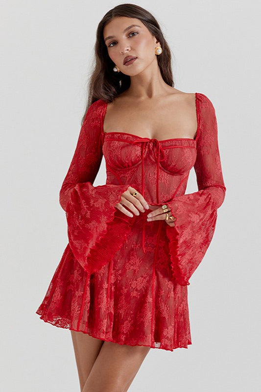 Floral Lace Corset Bodice Bell Sleeve Ruffle Hem Mini Dress