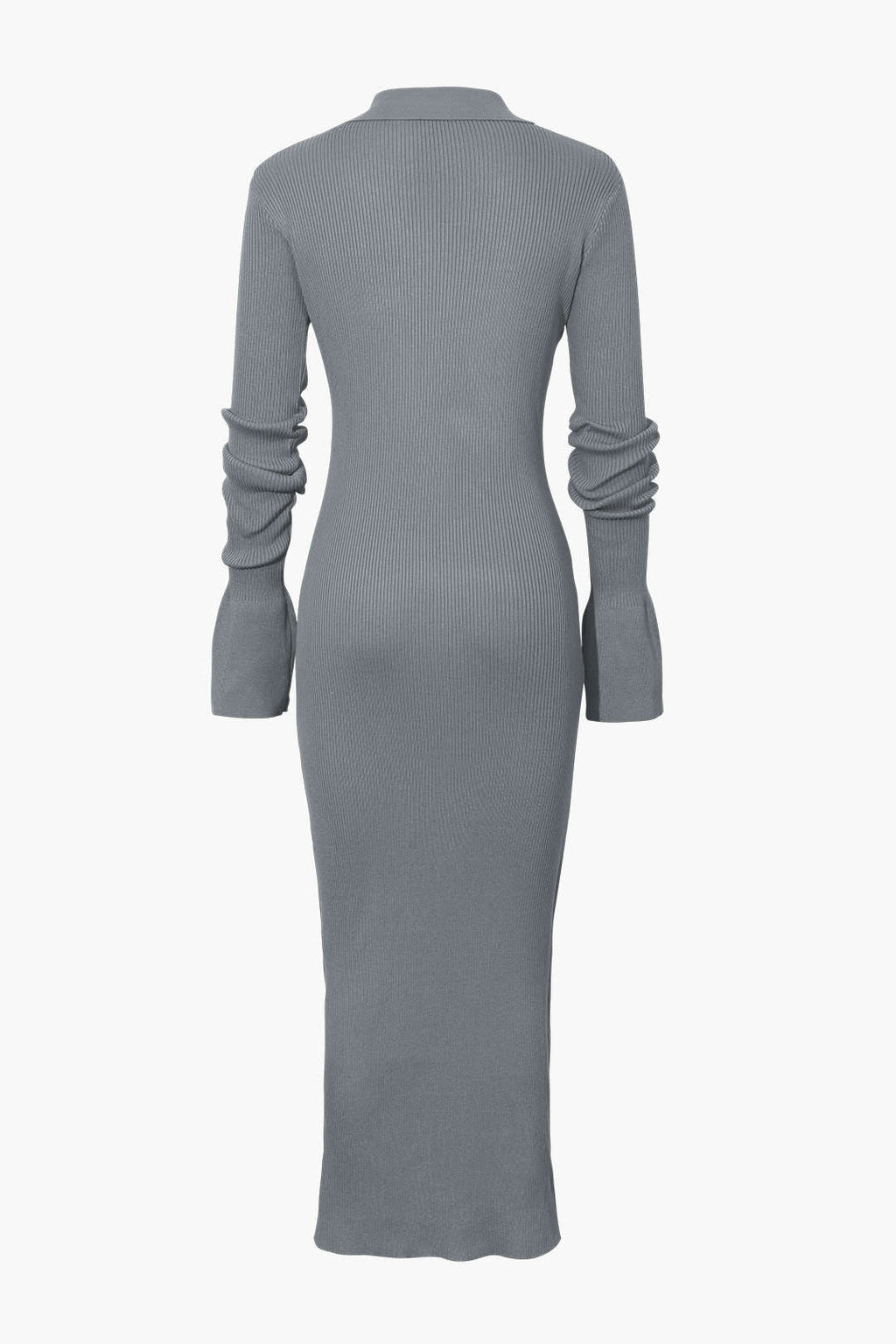 Rib Knit Polo Collar Button Front Flared Cuff Maxi Dress