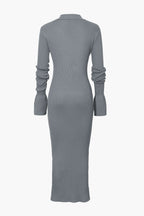 Rib Knit Polo Collar Button Front Flared Cuff Maxi Dress