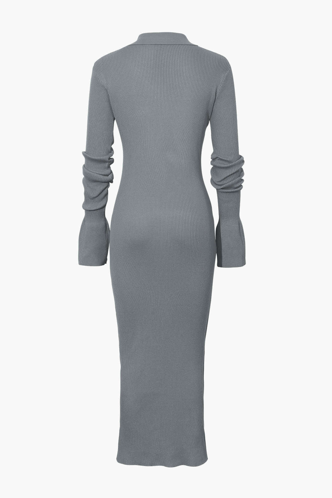Rib Knit Polo Collar Button Front Flared Cuff Maxi Dress