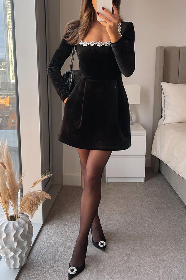 Velvet Square Neck Rhinestone Trim Long Sleeve Pocket A-Line Mini Dress