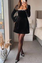 Velvet Square Neck Rhinestone Trim Long Sleeve Pocket A-Line Mini Dress