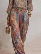 Hippie Style Exotic Style Printed Shirt Printed Wide-leg Pants Set 2-piece Sets