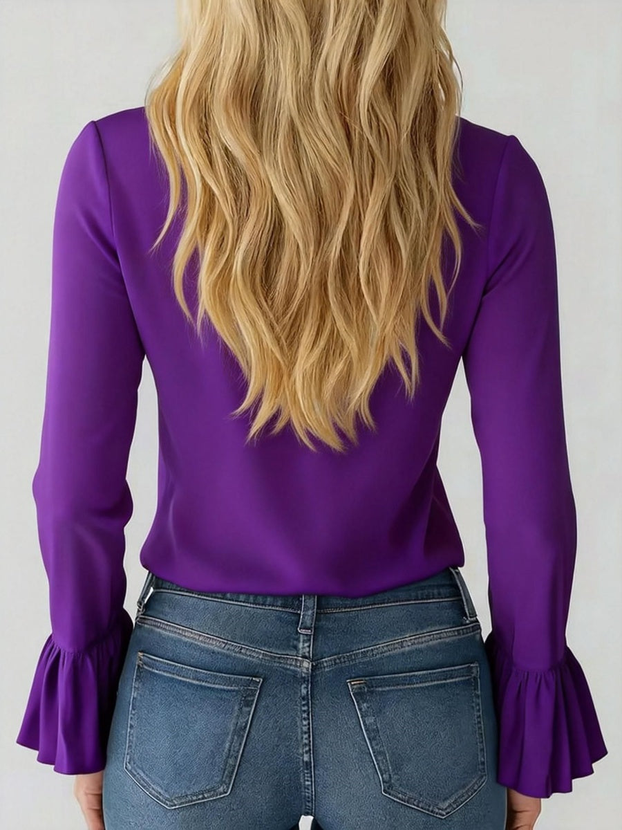 V-neck French Ruffle Puff Sleeve Chiffon Blouse