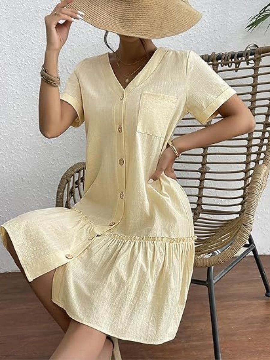 Single Row V-neck Loose-fit Short Sleeve Mini&Short Dresses