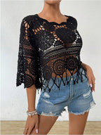 Crocheted Openwork Knit See-through Top, Solid Color Beach Bikini Cover-up