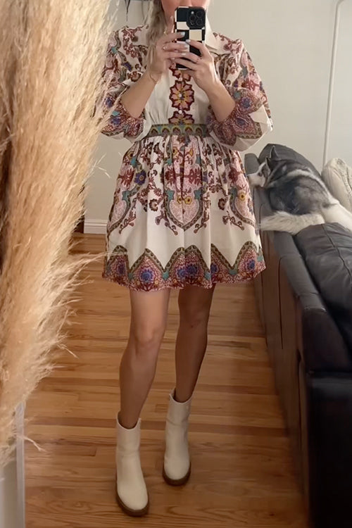 Lantern Sleeves Button Up Waisted Bohemia Print Mini Dress