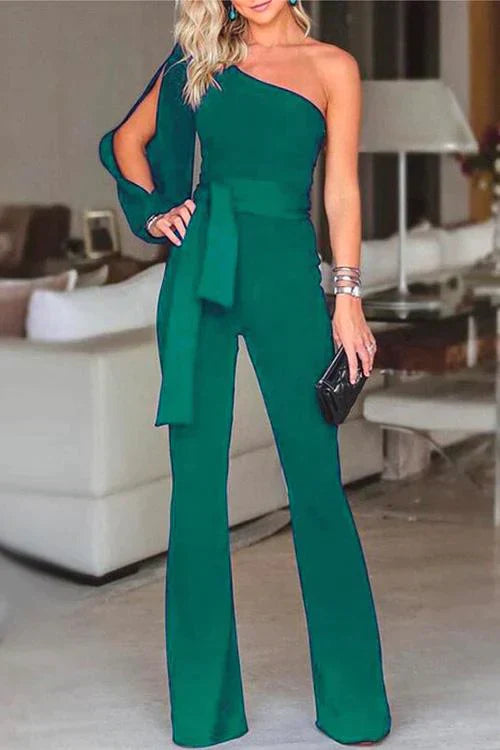 One Shoulder Slit Sleeve Tie Knot Jumpsuit