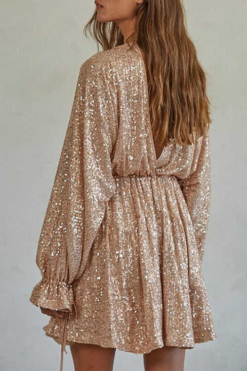 V Neck Balloon Sleeves Backless Drawstring Sequin Dress(in 4 Colors)