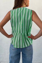 Crewneck Sleeveless Striped Ruffle Bow Top