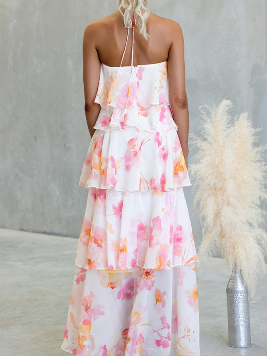 Chiffon Multi-story Halter Printed Vacation Maxi Dresses