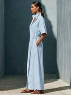 Casual V-neck Short-sleeved Tie-waist Solid Color Maxi Dresses