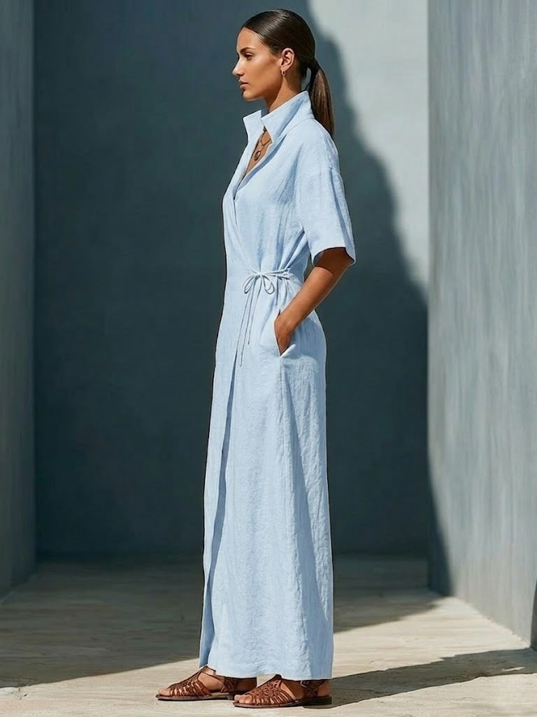 Casual V-neck Short-sleeved Tie-waist Solid Color Maxi Dresses