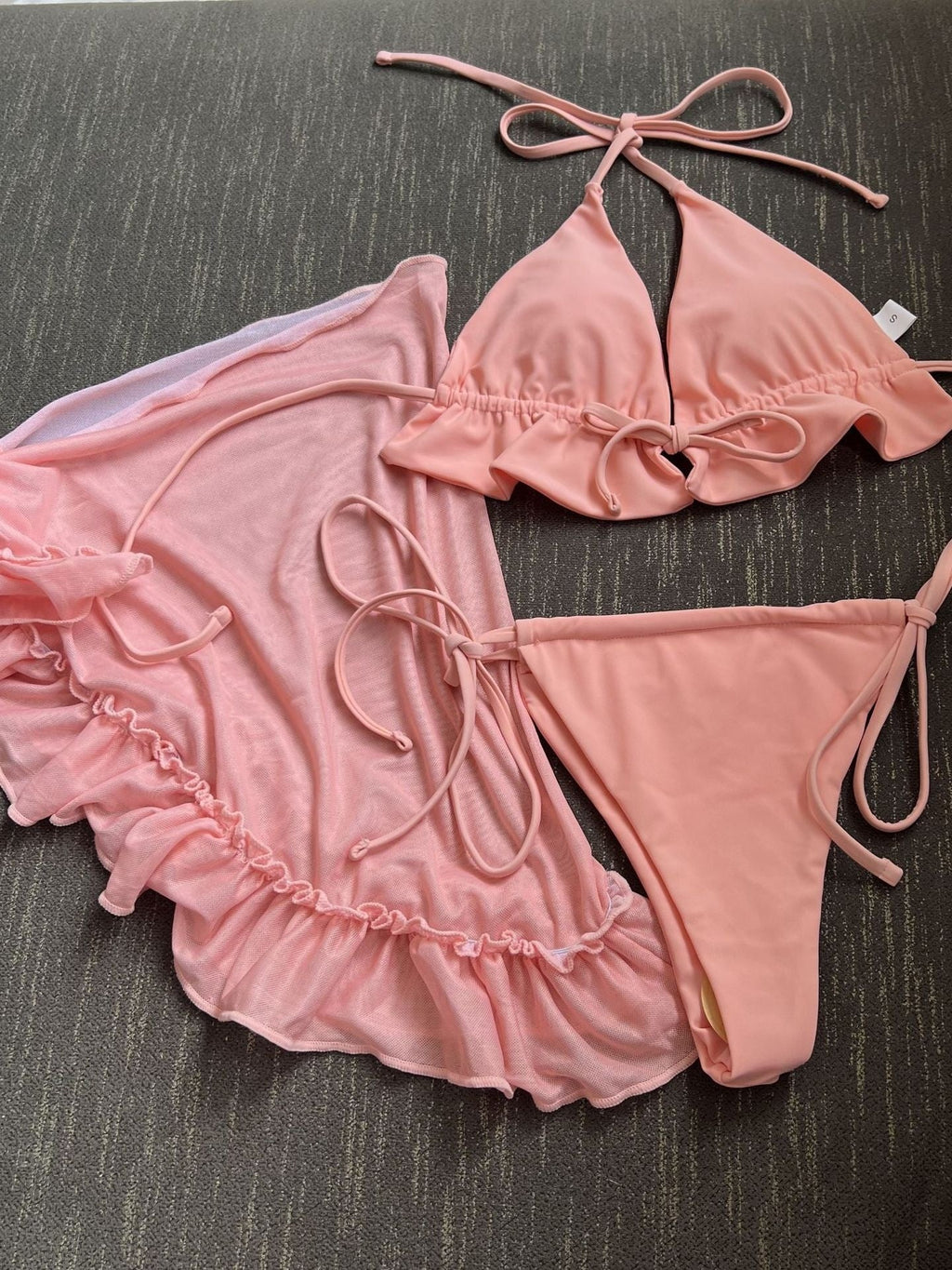 Mesh Skirt With Ruffled Trim, Solid Color Bikini Three-piece Set