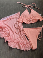Mesh Skirt With Ruffled Trim, Solid Color Bikini Three-piece Set