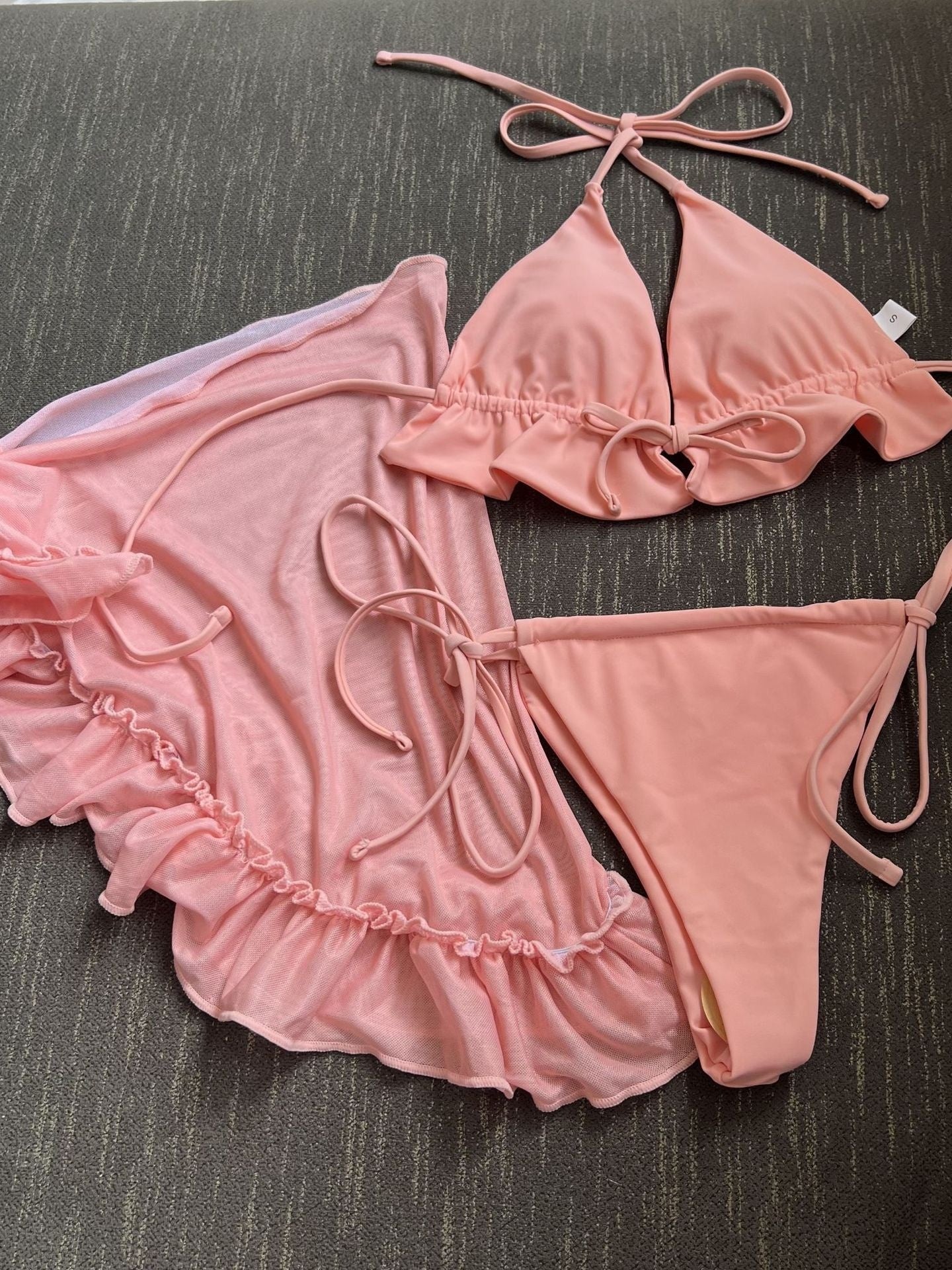 Mesh Skirt With Ruffled Trim, Solid Color Bikini Three-piece Set