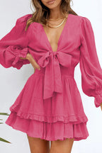 Tie Front Puff Sleeve Smocked Waist Tiered Ruffle Mini Set
