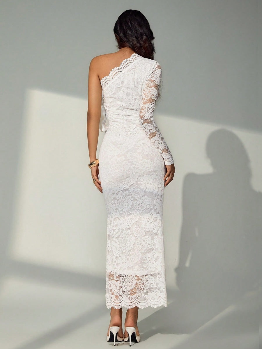 Lace Hollow Asymmetrical Sloping Shoulders Hip-hugging Formal Dress Maxi Dresses