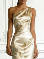 Off-shoulder, One-neck Floral Print Satin Long Dress