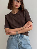 Hollow Crochet Lapel Short Sleeve Knitwear T-shirts