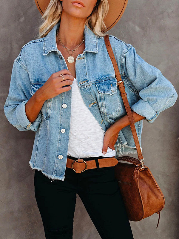 Raw Hem Button Down Short Denim Jacket